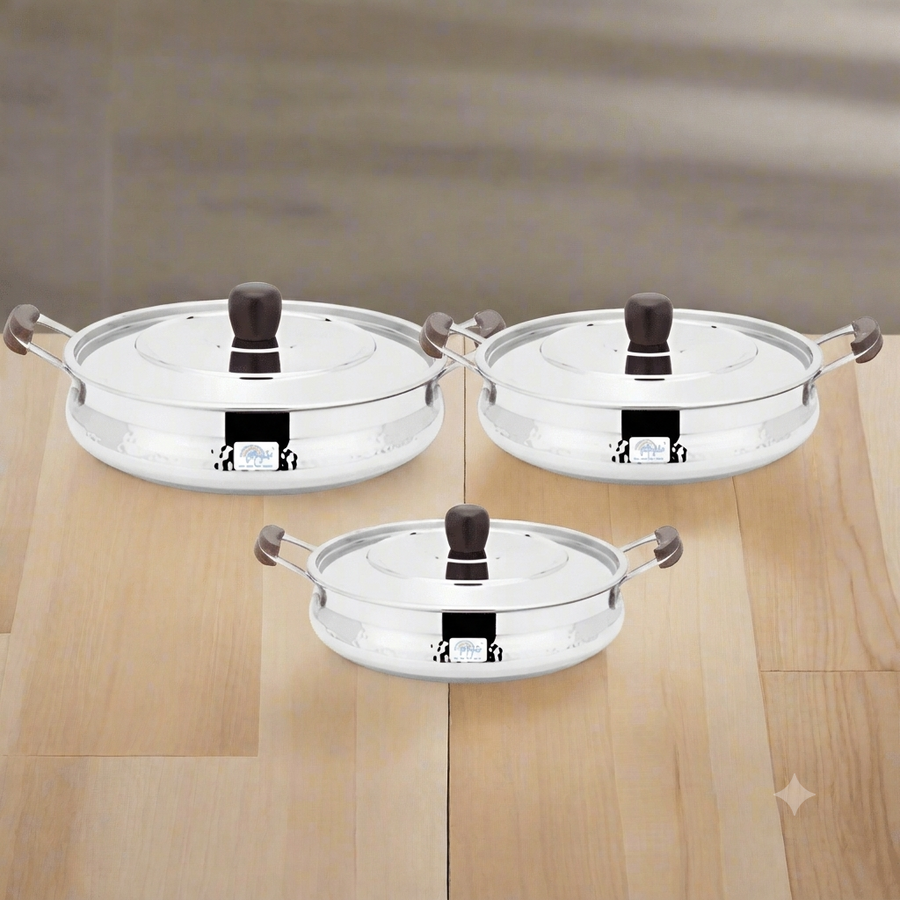 HANDI DISH WITH WOODEN  KNOB - HAMMERED (3 PCS SET)