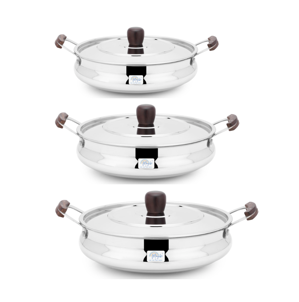 HANDI DISH WITH WOODEN HANDLES AND KNOB - PLAIN (3 PCS SET)