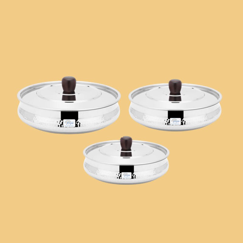 HANDI DISH WITH WOODEN HANDLES AND KNOB - HAMMERED (3 PCS SET) - Magike India