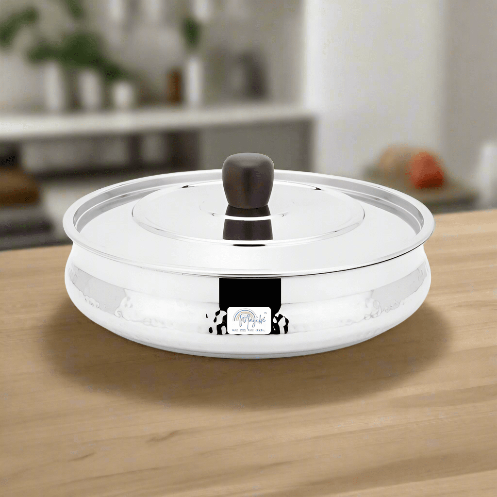 HANDI DISH WITH WOODEN HANDLES AND KNOB - HAMMERED (BIG) - Magike India