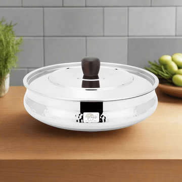 HANDI DISH WITH WOODEN HANDLES AND KNOB - HAMMERED (SMALL) - Magike India