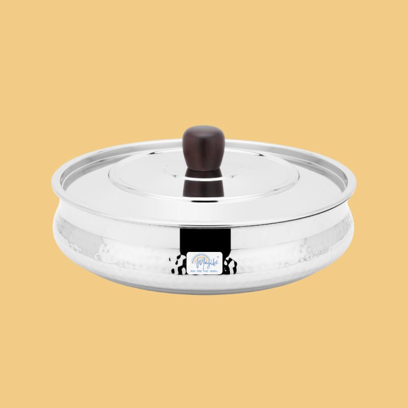 HANDI DISH WITH WOODEN HANDLES AND KNOB - HAMMERED (BIG) - Magike India