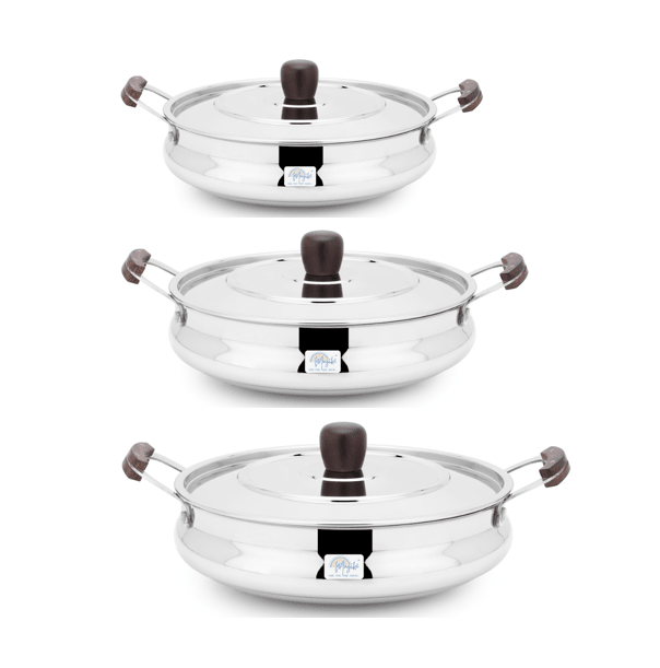 HANDI DISH WITH WOODEN HANDLES AND KNOB - PLAIN (3 PCS SET) - Magike India