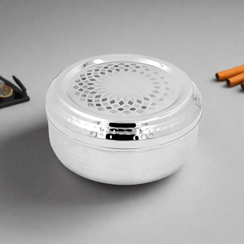 MARIEGOLD SPICE BOX WITH SS LID WITH LAZER - HAMMERED - Magike India