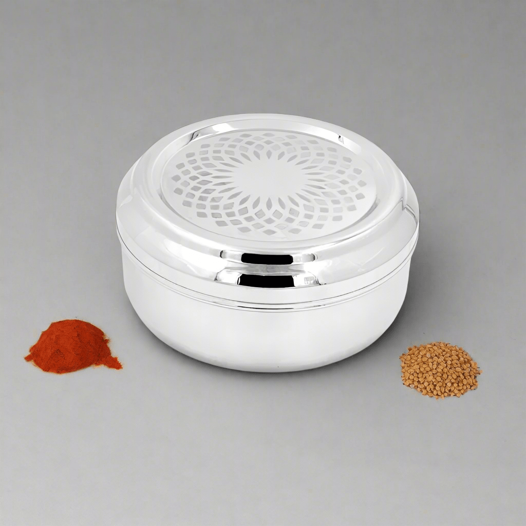 MARIEGOLD SPICE BOX WITH SS LID WITH LAZER - PLAIN - Magike India
